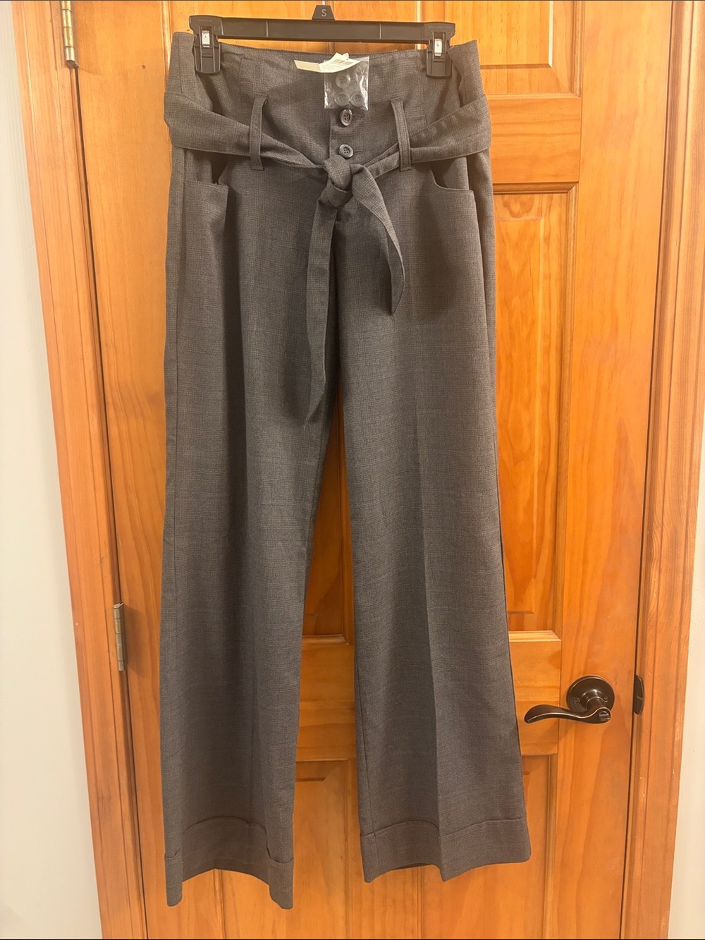 Wide-Leg Paperbag Waist Pants in Charcoal Gray